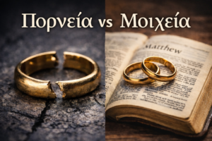 Greek words porneia and moicheia used in Matthew 19 discussing divorce and adultery.
